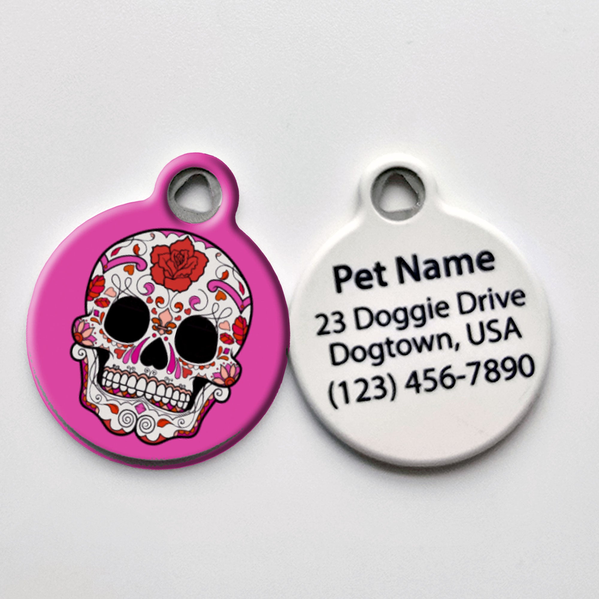 Sugar Skull Dia De Los Muertos Pet ID Tag - Pink