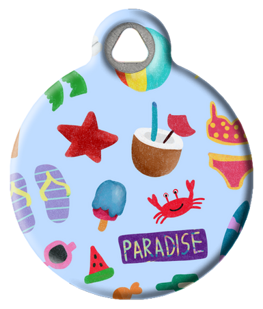 A round, multicolored pet ID tag with a beach theme pattern, featuring images of a cactus, coconut, starfish, and sand, with the word 'PARADISE' written on it.