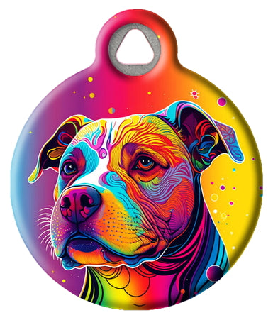 A colorful pet ID tag featuring an illustration of a Pitbull dog on a vibrant, multicolored background.