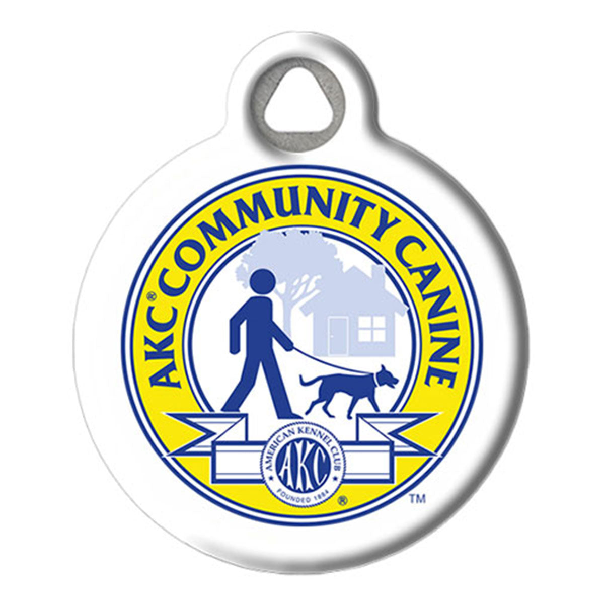A round white pet ID tag with a hanging loop at the top, featuring a blue and yellow AKC Community Canine logo in the center.