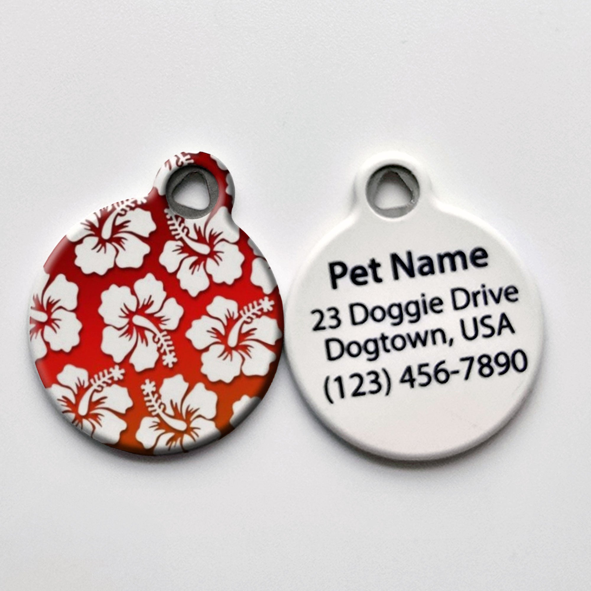 Red Hawaiian Shirt Dog ID Tag - Tropical Floral Pet ID Tag