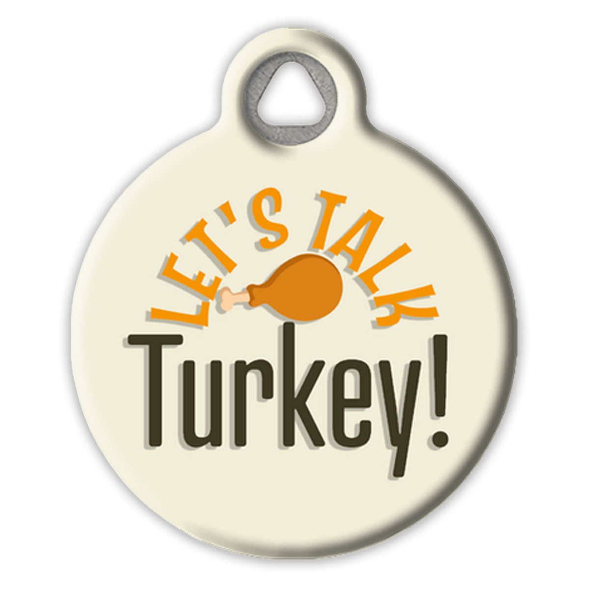 Round white tag with 'Let's Talk Turkey!' text and a turkey drumstick illustration on a white background