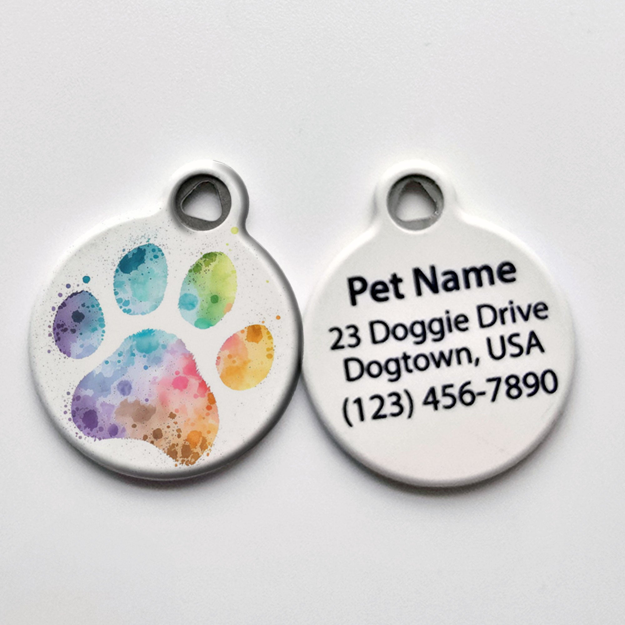 Rainbow Watercolor Paw Print Dog Collar Tag