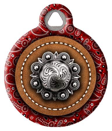 Red Bandana and Stitched Faux Leather with Concho Pet Id Tag
