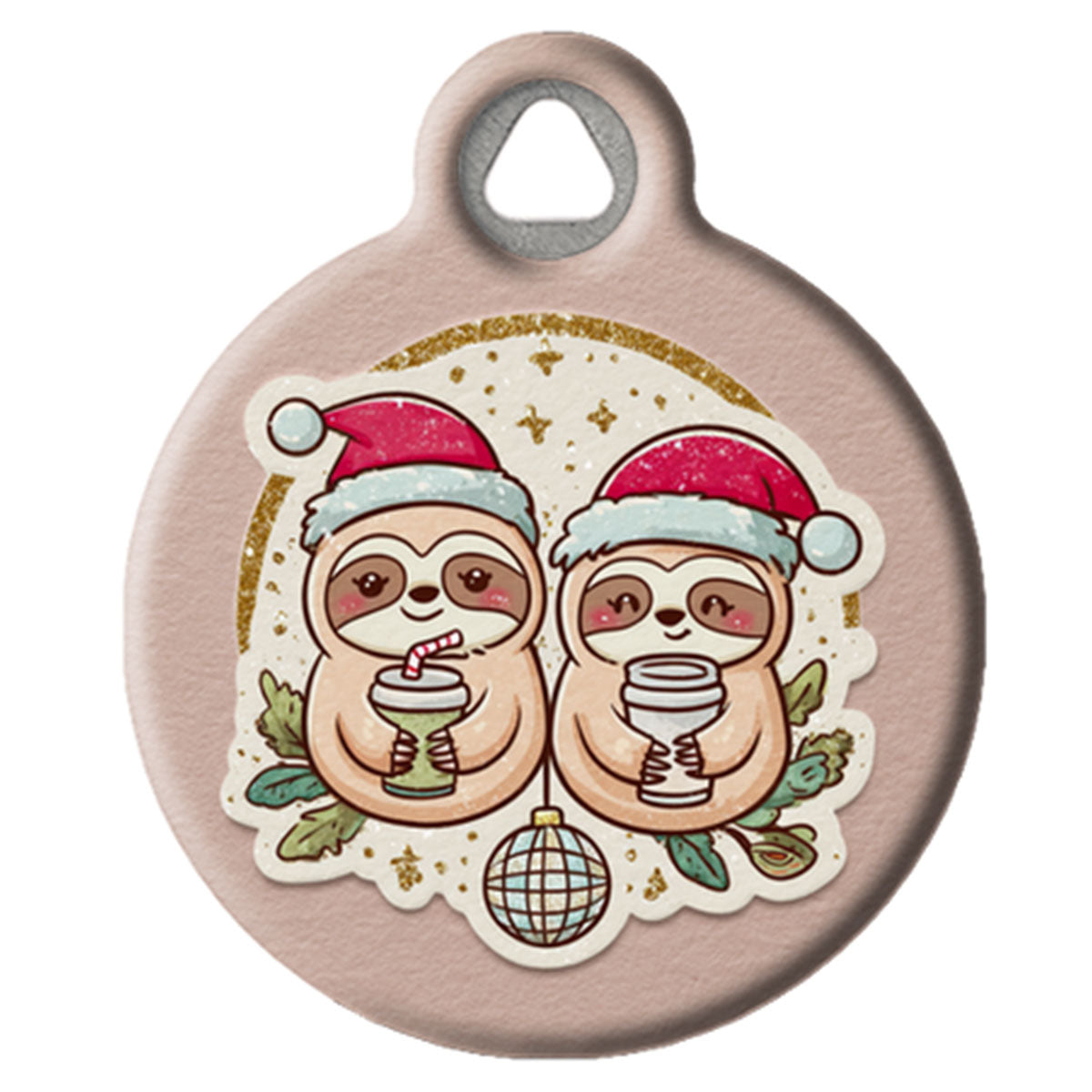 Round pink ornament with Christmas-themed sloths and decorations on a white background