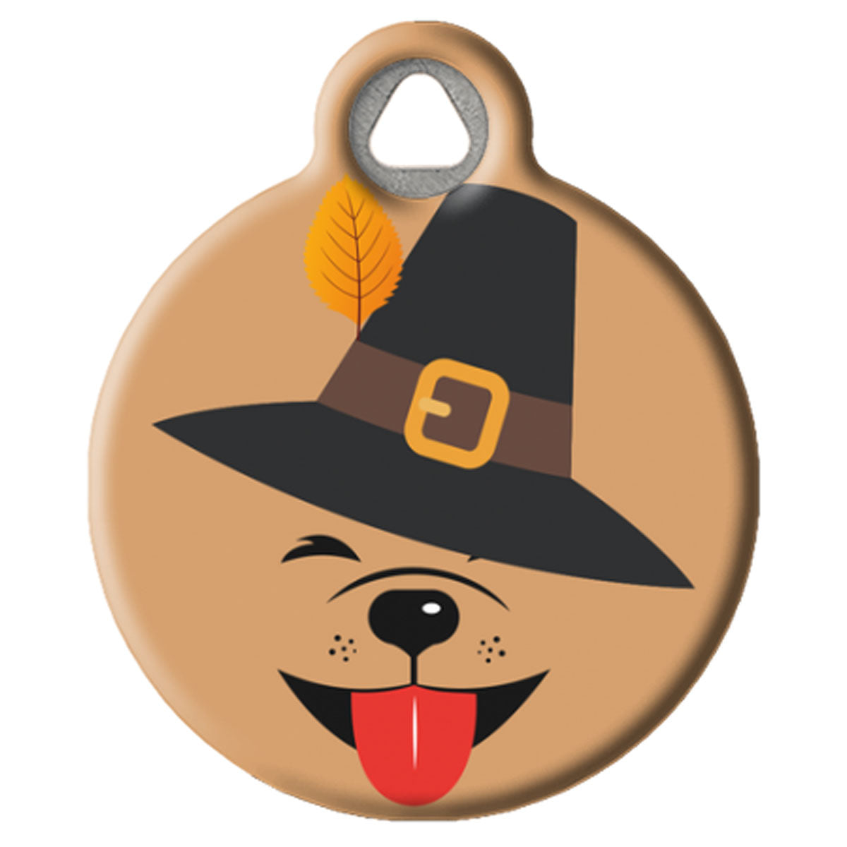 Round tan tag with a dog wearing a pilgrim hat and feather, on a white background